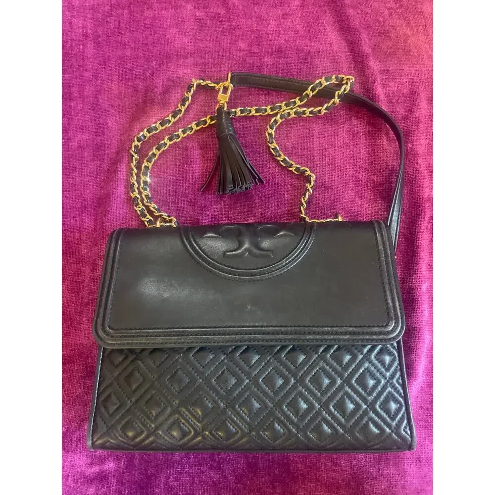 TORY BURCH Fleming Convertible Bag Purse Black PRE-OWNED with Wear